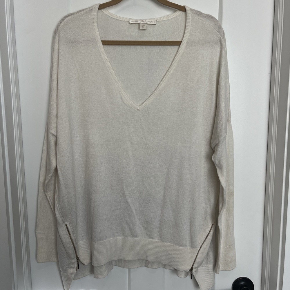 Boston Proper‎ Women Sweater Cream White Deep V-Neck Pullover Side Zip Size M